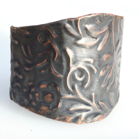 Floral Repoussé Solid Copper Wide Cuff Bracelet Embossed Handmade Bohemian Boho - Picture 2 of 8